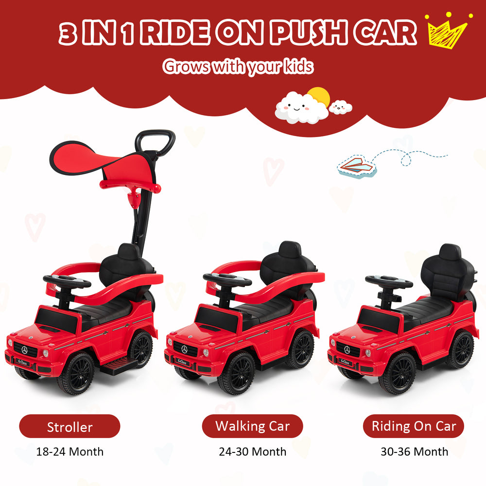 3-in-1 ride on push car in red, convertible to stroller, walking car, and riding car for kids aged 1-3 years.