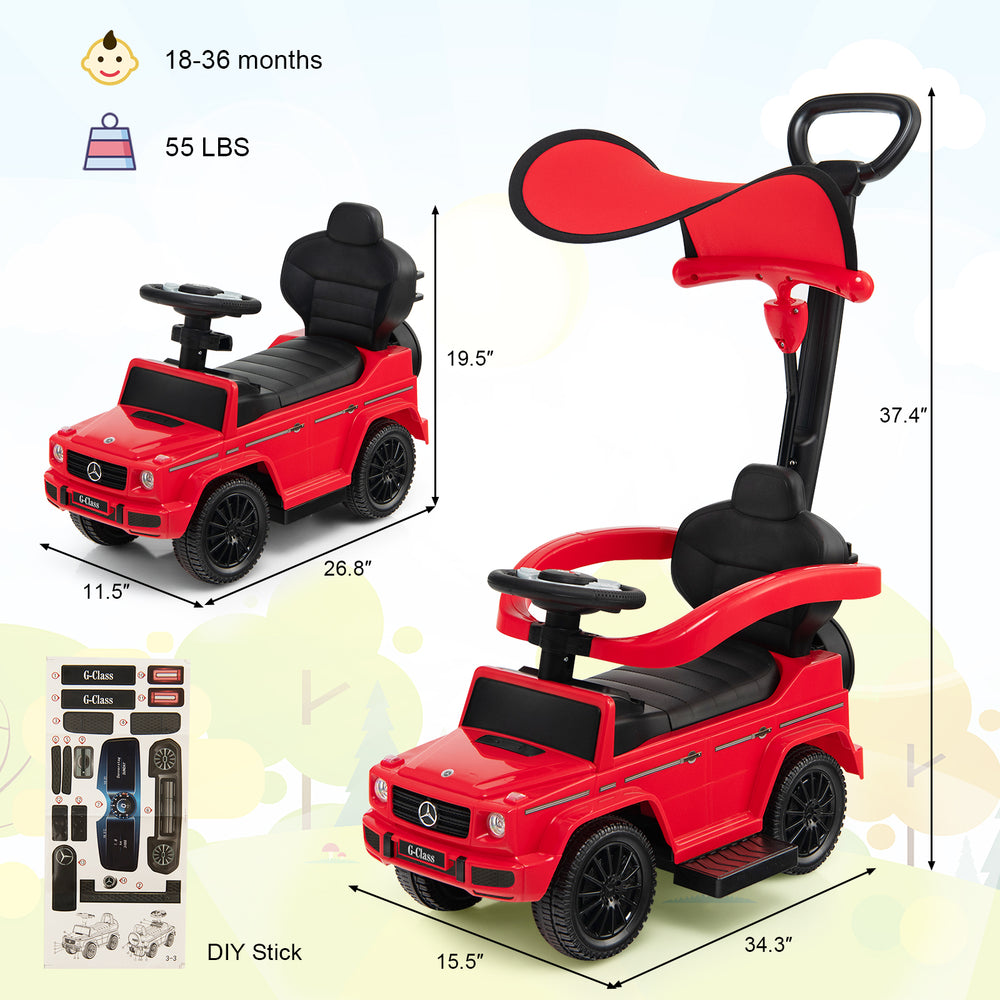 Red 3-in-1 Mercedes Benz G350 ride-on push car with canopy, adjustable footrest, and storage for kids 18-36 months.