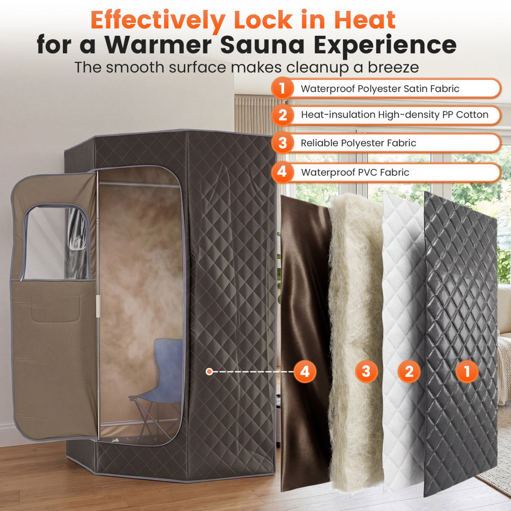 Portable gray steam sauna with 9 heat levels, 360° steam circulation, and foldable chair for home spa sessions.