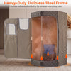 Portable steam sauna with a heavy-duty stainless steel frame, featuring a clear window and external pocket for.