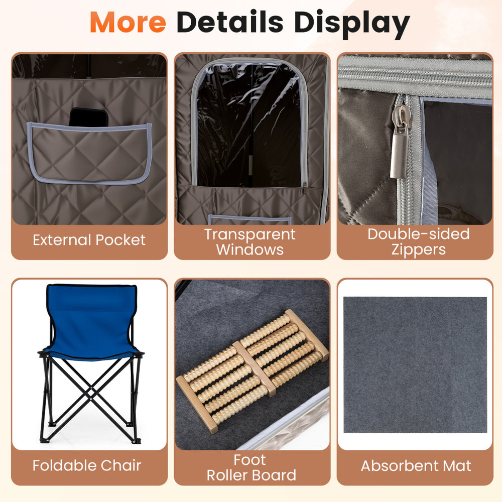 Transparent windows and external pocket of the 3L Portable Steam Sauna for home with included folding chair.