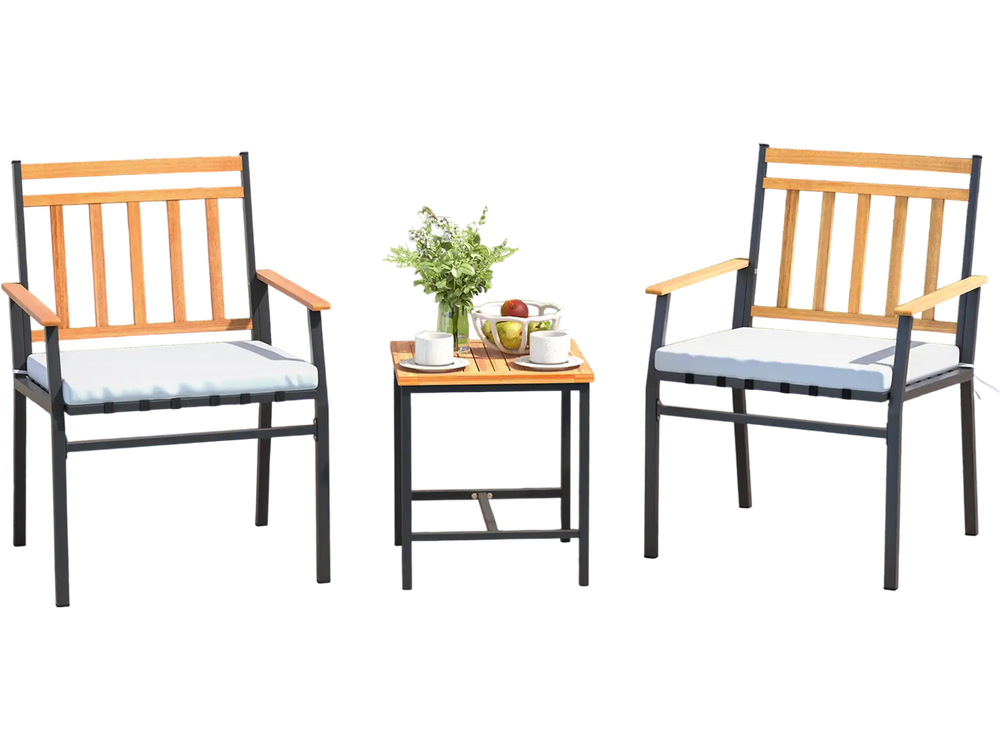 Two ergonomic outdoor chairs with acacia wood accents and soft cushions, paired with a small table, ideal for patio use.