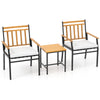 Two ergonomic chairs with acacia wood armrests and a matching table, featuring white cushions for outdoor patio use.