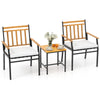 Two ergonomic outdoor chairs with acacia wood accents and soft white cushions, paired with a matching table for patio.