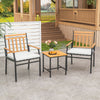 Two ergonomic chairs with acacia wood accents and a small table, featuring soft cushions for outdoor patio relaxation.