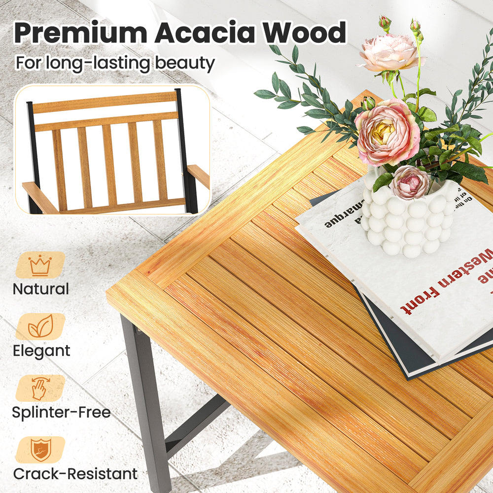 Acacia wood tabletop with natural finish, featuring elegant design and splinter-free surface for outdoor patio use.
