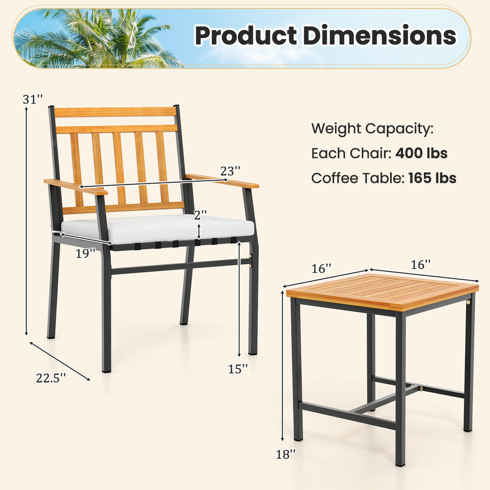 Dimensions of the 3 pieces outdoor furniture set featuring acacia wood and metal frame, ideal for patio conversation.
