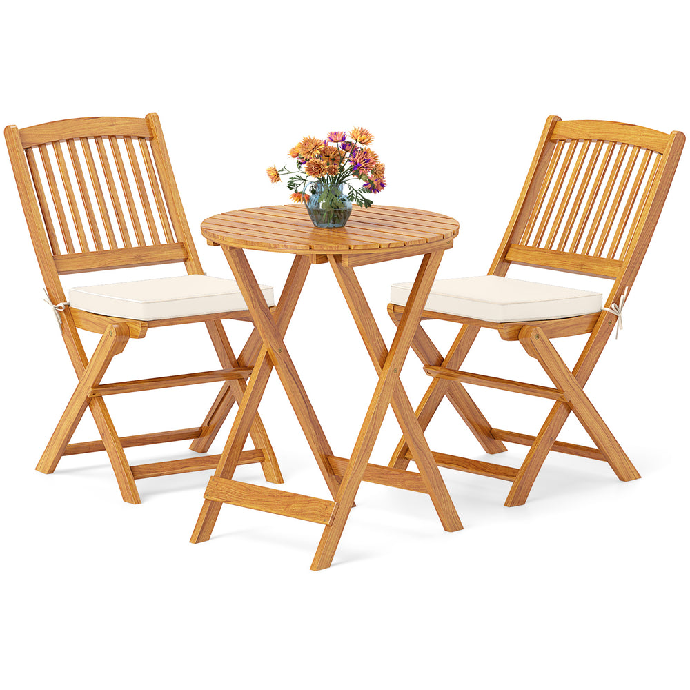 Acacia wood patio bistro set with beige cushioned seats, featuring a folding design for easy storage and outdoor use.