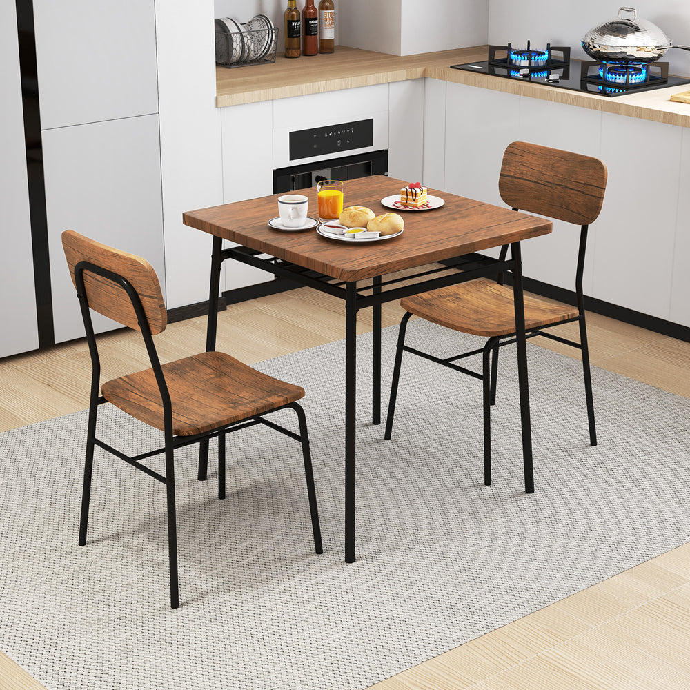 3-piece dining table set featuring a brown wood square table and two metal-framed chairs, ideal for small spaces.