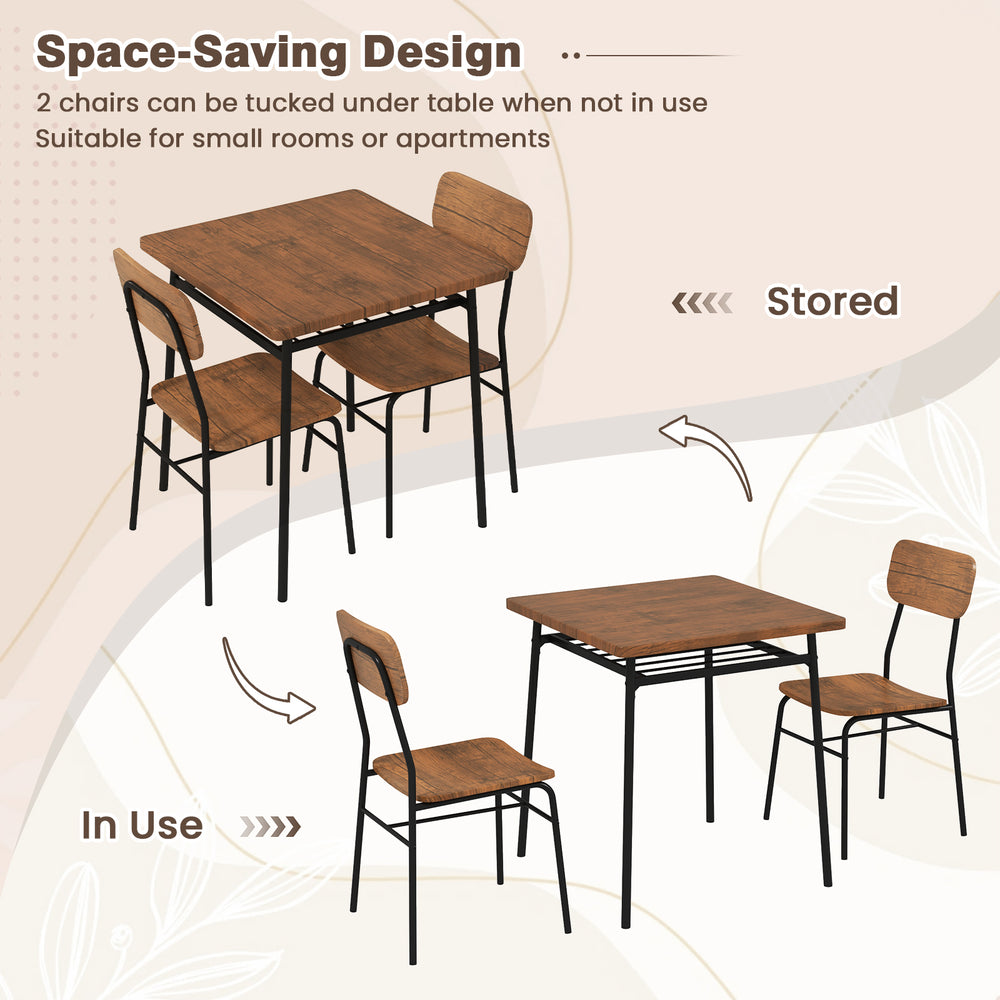 3-piece dining table set featuring a brown wood square table and metal frame with 2 chairs, ideal for small spaces.