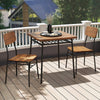 Square wood dining table set with metal frame and two chairs, perfect for small spaces or cozy meals on a patio.