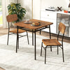 Square wood dining table set with metal frame, featuring two chairs and lower storage rack for small spaces.