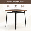Square dining table with a brown veneered MDF top and metal frame, featuring a lower storage rack for snacks and wines.