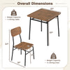 Dimensions of the 3-piece dining table set featuring a brown wood square table and metal frame with two chairs.