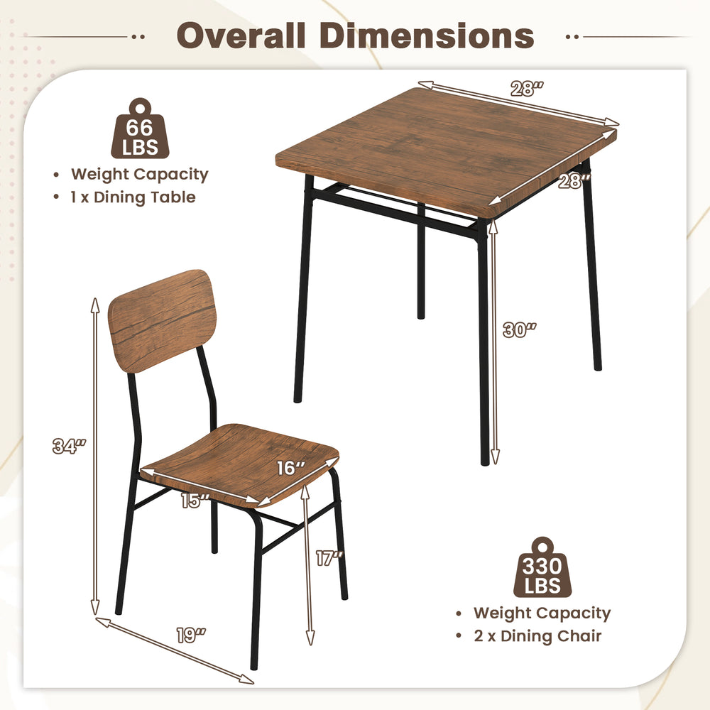 Dimensions of the 3-piece dining table set featuring a brown wood square table and metal frame with two chairs.