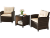 Two wicker chairs with beige cushions and a coffee table, perfect for outdoor relaxation in a patio setting.