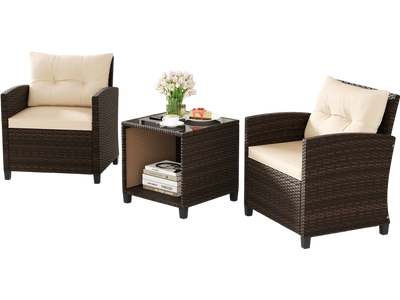 Costway 3-Piece Patio Wicker Sofa Set Chairs Coffee Table Storage Beige 152987364 New