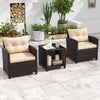 Two beige cushioned wicker chairs and a coffee table with storage, perfect for outdoor patio relaxation.