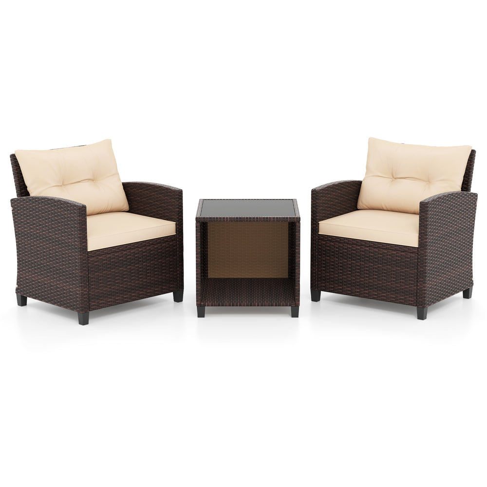 Single coffee table with tempered glass top and storage shelf, designed for outdoor use in balconies or patios.