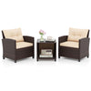 Two wicker chairs with beige cushions and a coffee table featuring storage, perfect for outdoor relaxation.