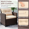 Single wicker chair with beige cushion, featuring tufted back and zippered cover, perfect for outdoor relaxation.