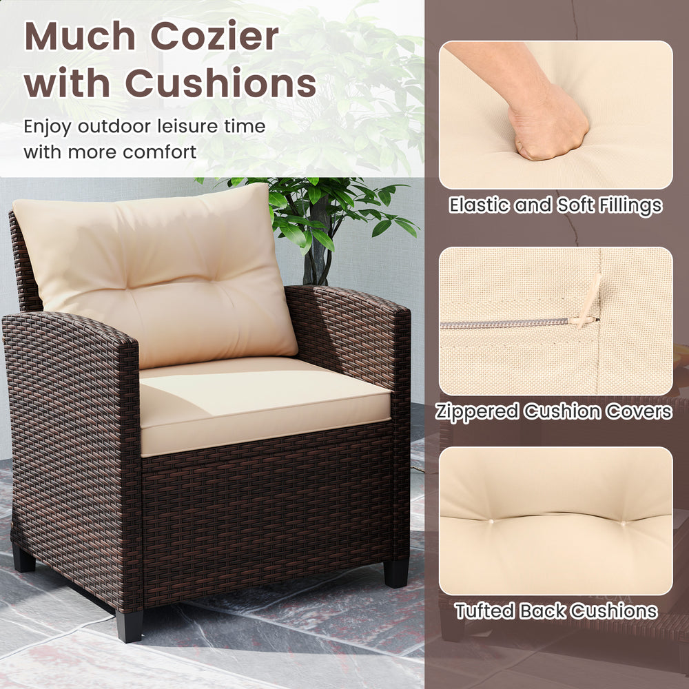 Single wicker chair with beige cushion, featuring tufted back and zippered cover, perfect for outdoor relaxation.