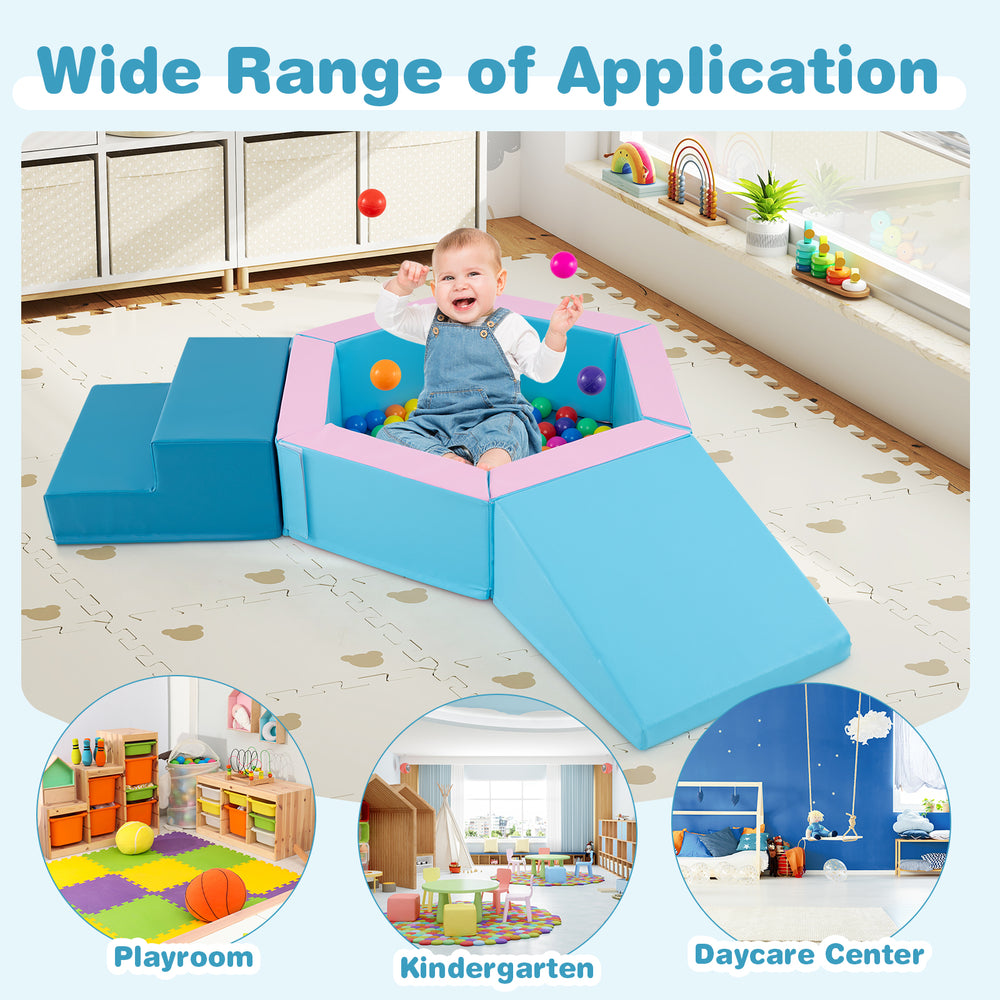 3-piece baby foam climbing blocks set in blue with 100 ocean balls, ideal for playrooms and daycare centers.
