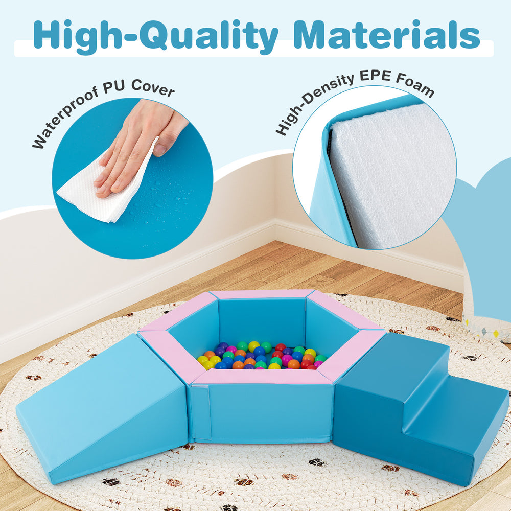 Baby foam climbing blocks set in blue with waterproof cover, includes 100 ocean balls for play and motor skill.