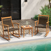 Acacia wood patio rocking chair set with side table, featuring weather-resistant wicker for outdoor relaxation.