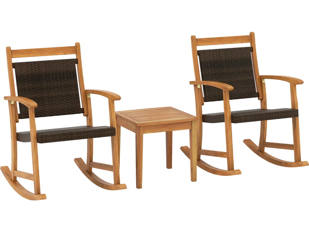3 Pieces Acacia Wood Patio Rocking Chair Set with Side Table