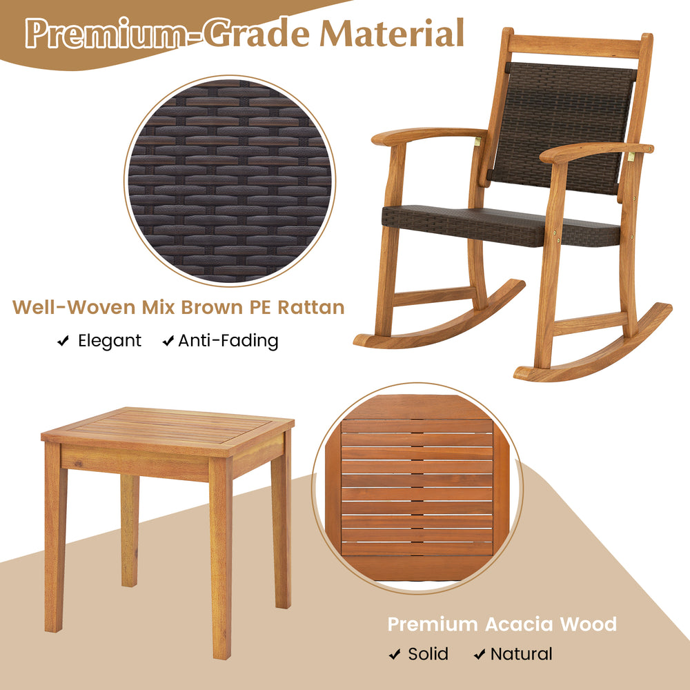 Acacia wood rocking chair set with side table, featuring weather-resistant PE rattan, perfect for patio relaxation.