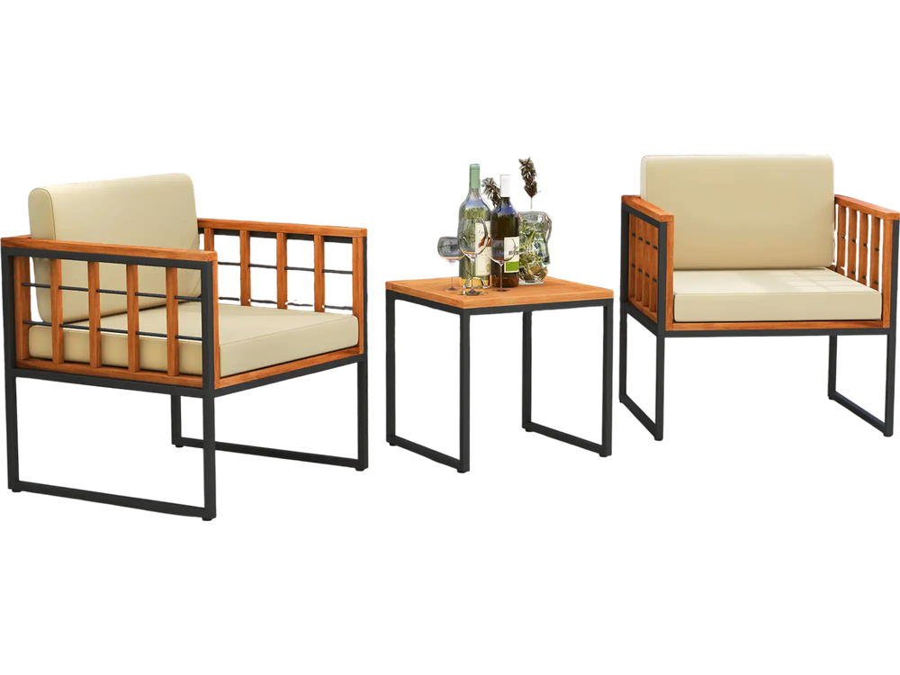 Front view of a 3-piece patio chair set with acacia wood frames and soft beige cushions, perfect for stylish outdoor.