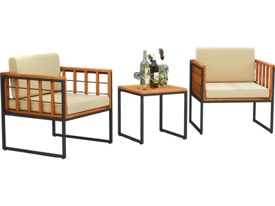 Costway 3-Pc Acacia Wood Patio Chair Sofa Set Beige Cushions 21965387 New
