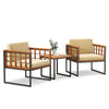 Two acacia wood patio chairs with beige cushions and a matching table, perfect for outdoor relaxation.