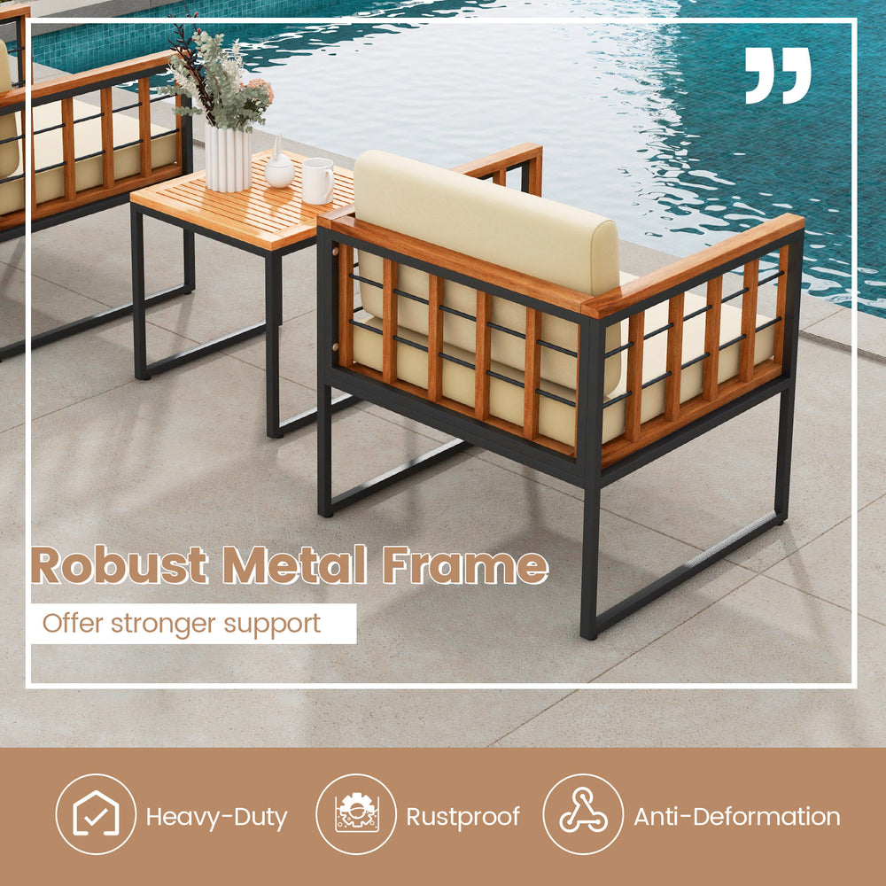 Patio chair set featuring a robust metal frame and acacia wood tabletop, designed for outdoor comfort and durability.