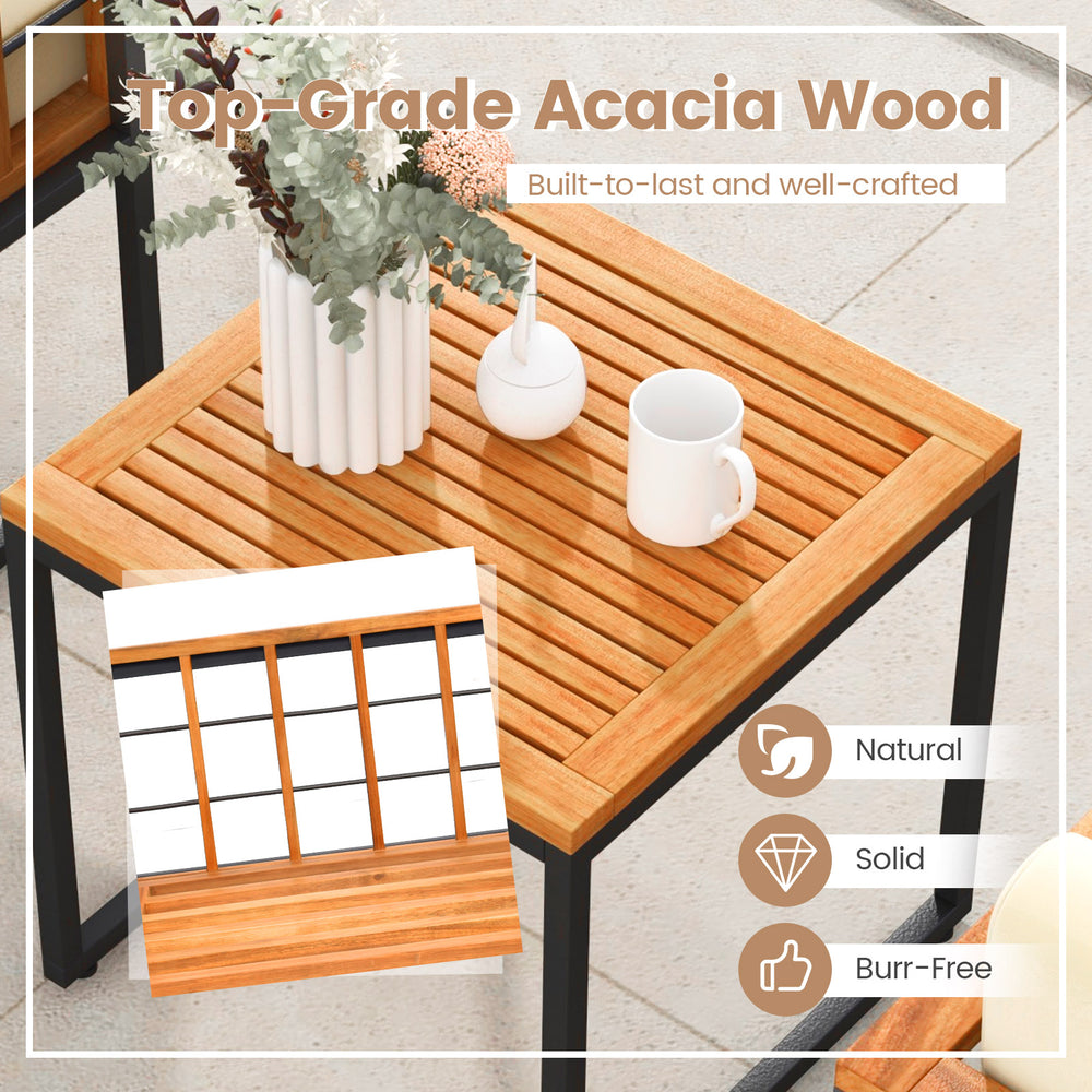 Acacia wood tabletop with slatted design and metal frame, ideal for outdoor use with a stylish and durable finish.