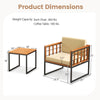 Patio chair set with acacia wood and soft cushions, showcasing dimensions for the chair and coffee table.