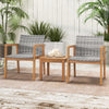 Two chairs and a coffee table from a 3-piece patio furniture set, featuring solid acacia wood and hand-woven PE rattan.