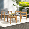 Two chairs with gray PE rattan and a solid acacia wood coffee table, perfect for patio relaxation.