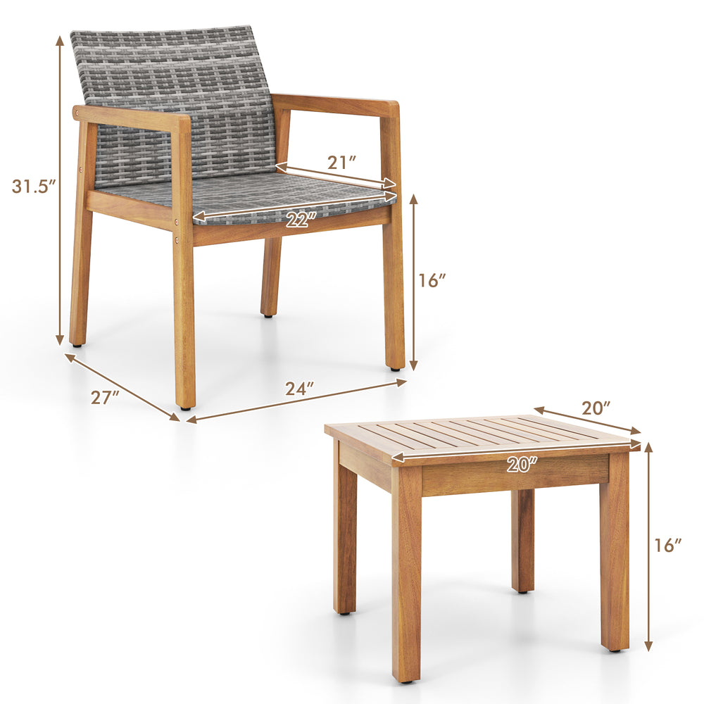 Patio furniture set featuring a solid acacia wood chair with hand-woven PE rattan and a slatted coffee table for.