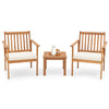 Two acacia wood chairs with soft white cushions and a matching table, perfect for backyard or porch relaxation.