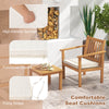 Close-up of the 3-piece patio wood furniture set featuring soft cushions, fixing straps, and smooth zippers for easy.