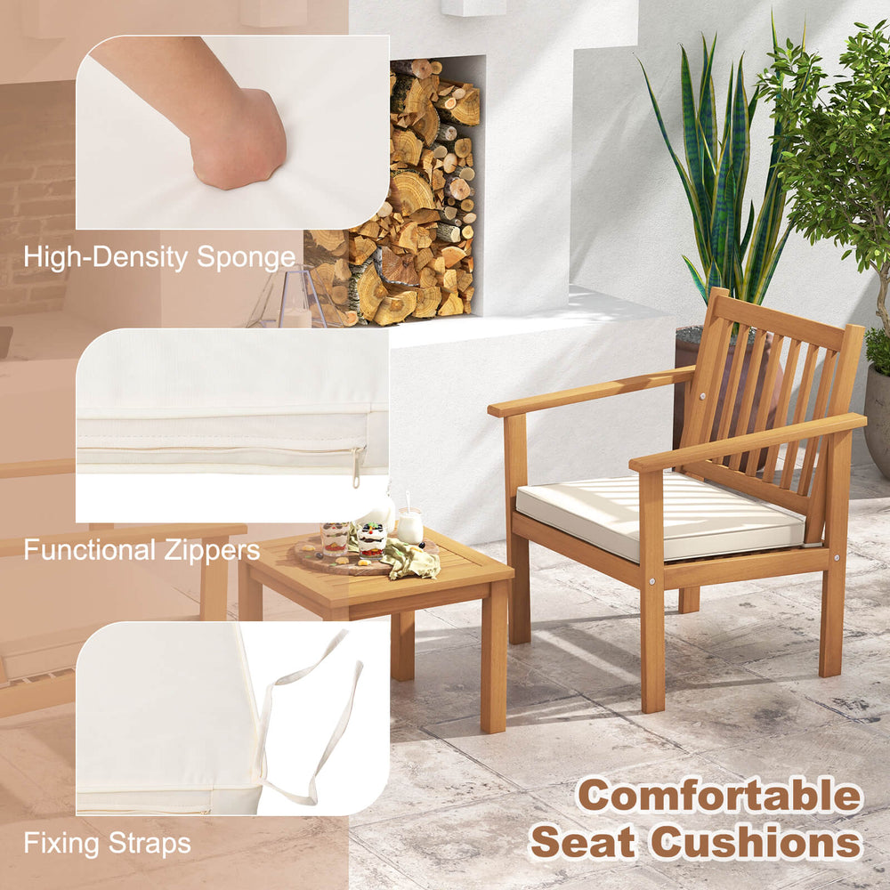 Close-up of the 3-piece patio wood furniture set featuring soft cushions, fixing straps, and smooth zippers for easy.