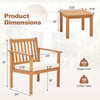 Patio wood furniture set dimensions showing a single chair and coffee table, featuring acacia wood and soft cushions.