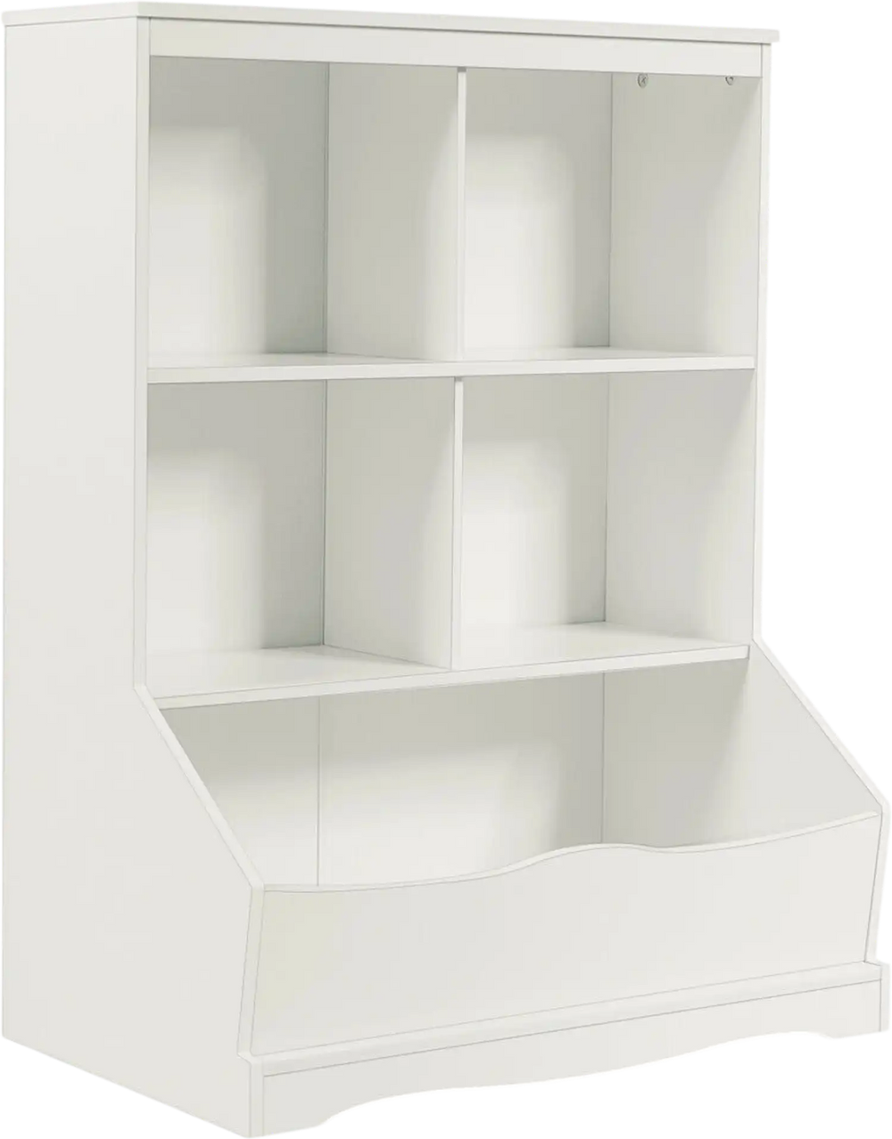 White 3-tier children's bookcase with 4 cubbies and a bottom storage bin, ideal for organizing toys and books.