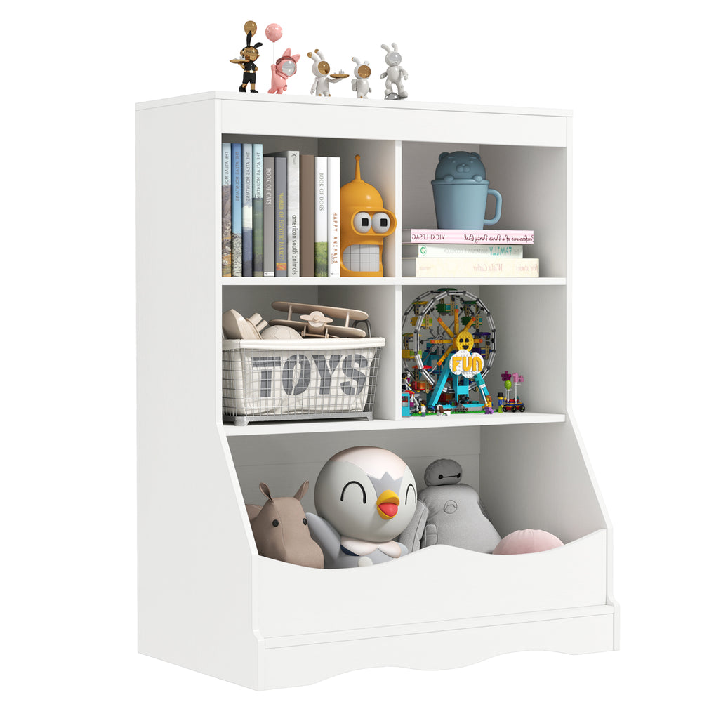 3-tier children's bookcase in white with 4 cubbies and bottom bin, ideal for storing toys and books in any room.