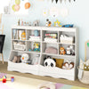 3-tier children's bookcase in white with 4 cubbies and a bottom bin, ideal for organizing toys and books in any room.
