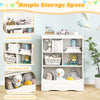 3-tier children's bookcase in white with spacious top, cubbies, and bottom bin for organizing toys and books.