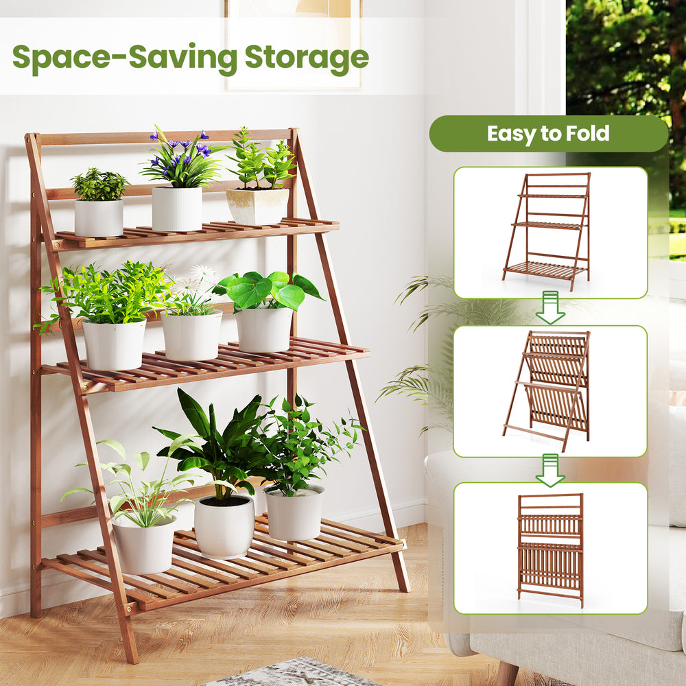 3-tier foldable bamboo ladder shelf in brown, ideal for displaying plants indoors or outdoors with a stable design.