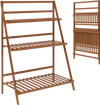 Three-tier foldable bamboo ladder shelf in brown, ideal for plants and storage, featuring a stable trapezoidal design.
